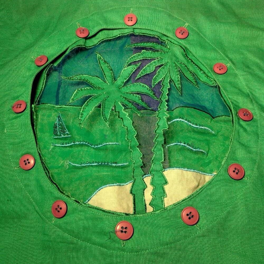 Bonnie Boerer Unlimited Blouse S Green Button Nautical Porthole Palm Tree Cruise - Picture 15 of 16